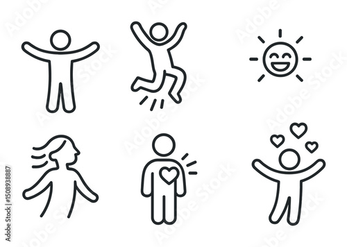 Joyful stick figures and emotions with happy sun icon design