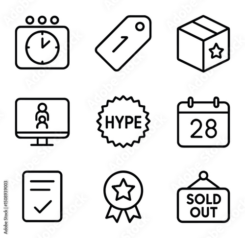 Limited Edition Icons. Outline icon set of limited edition drops: countdown timer, numbered tag, exclusive box, online queue, hype