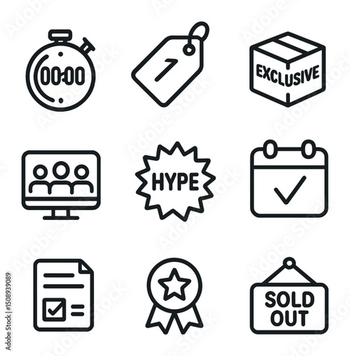 Limited Edition Icons. Outline icon set of limited edition drops: countdown timer, numbered tag, exclusive box, online queue, hype