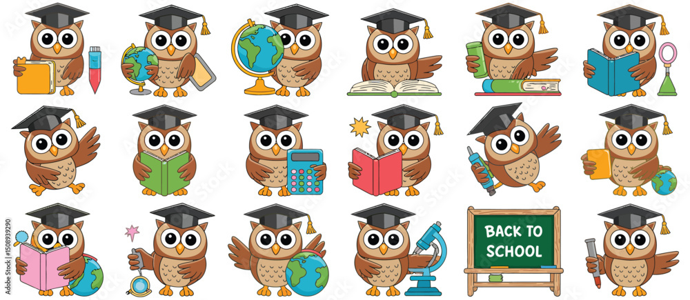 Obraz premium Cute Graduate Owls with School Supplies and Books
