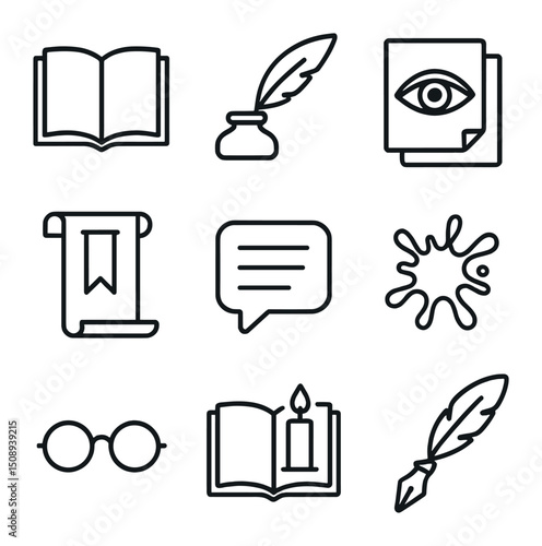 Literary Icon Set. Outline icon set of literary and poetic eyes: open book page, quill and ink, illustrated eye on paper, scroll