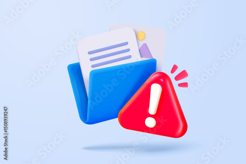 3d folder and paper for management multimedia file. document file work on project plan. no entry, problem, fail warning. Image and video document folder. 3d icon vector render illustration