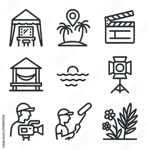 Cinematic Filming Icons. Outline icon set of tropical outdoor movie set: jungle vegetation,