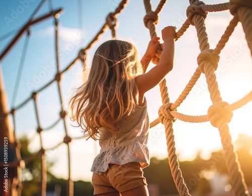 Young girl climbing a rope net at sunset