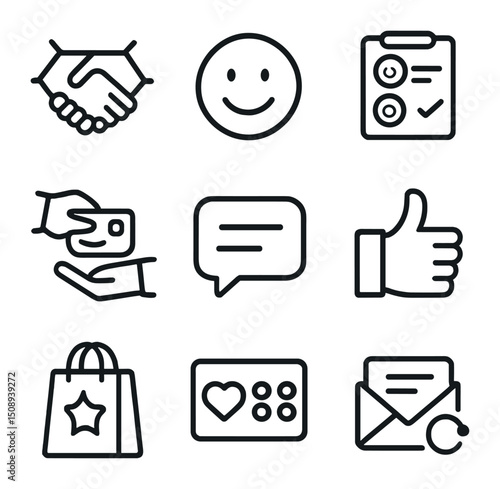 Customer Interaction Icons. Outline icon set of customer interactions and engagement: handshake, smiling face, feedback form,