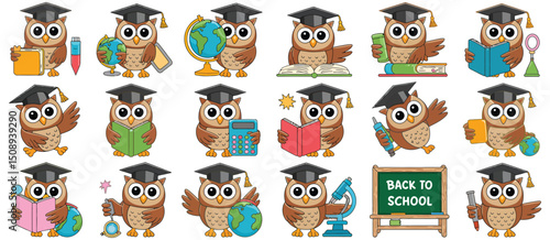 Cute Graduate Owls with School Supplies and Books