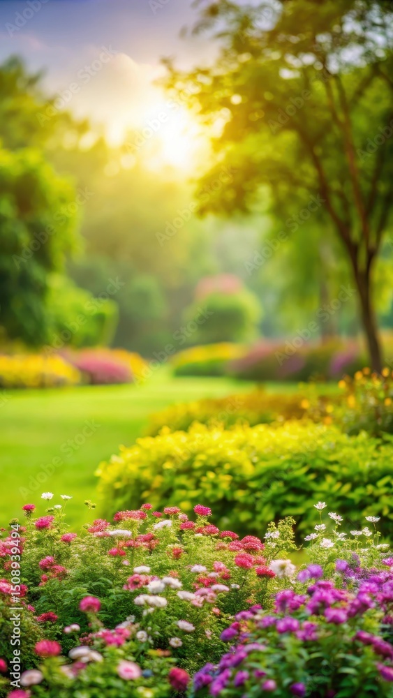 Fototapeta premium Overgrown vegetation and blooming flowers create a lush greenery backdrop against a blurred outdoor landscape