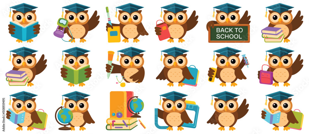 Cute Graduated Owls with School Supplies and Books