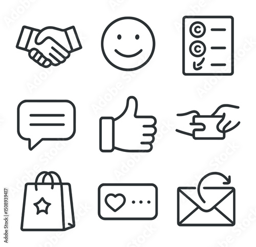 Customer Interaction Icons. Outline icon set of customer interactions and engagement: handshake, smiling face, feedback form,