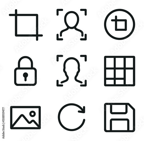 Content Cropping Icons. Outline icon set of content-aware cropping: crop frame, subject detect outline, auto-crop button, aspect