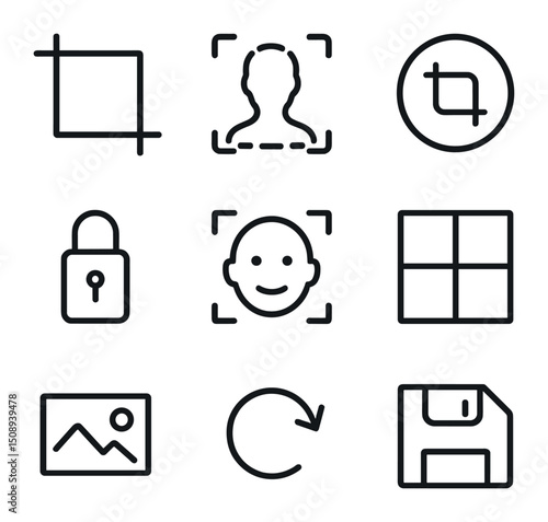Content Cropping Icons. Outline icon set of content-aware cropping: crop frame, subject detect outline, auto-crop button, aspect