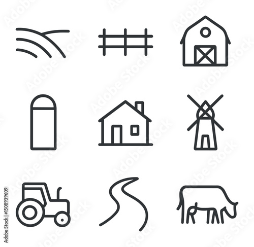Countryside Icons Set. Outline icon set of rural countryside horizons: rolling hill, fence line, barn outline, silo, farmhouse