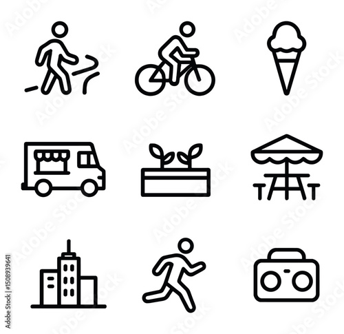 City Park Icons. Outline icon set of city park lifestyle: walking trail, cyclist, ice cream cone,