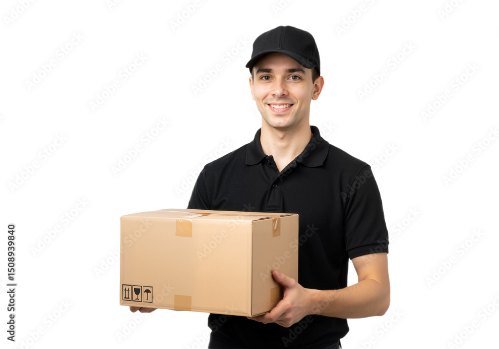 Smiling delivery man in black shirt holding a box, isolated on transparent background. PNG Smiling delivery man in black shirt holding a box, isolated on transparent background. PNG
