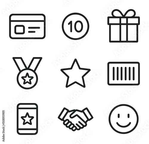Loyalty Program Icons. Outline icon set of loyalty program rewards: membership card, points counter, gift box, medal, star,