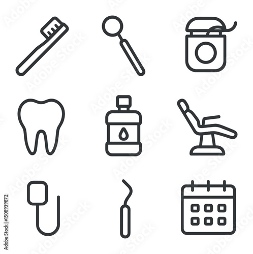 Dental Wellness Icons. Outline icon set of dental wellness exams: toothbrush, dental mirror, floss, tooth icon, mouthwash bottle,