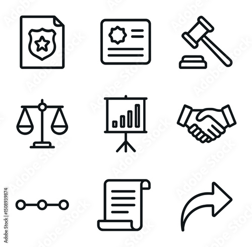 Criminal Procedure Icon Set. Outline icon set of criminal procedure stages: arrest warrant, Miranda rights card, arraignment gavel
