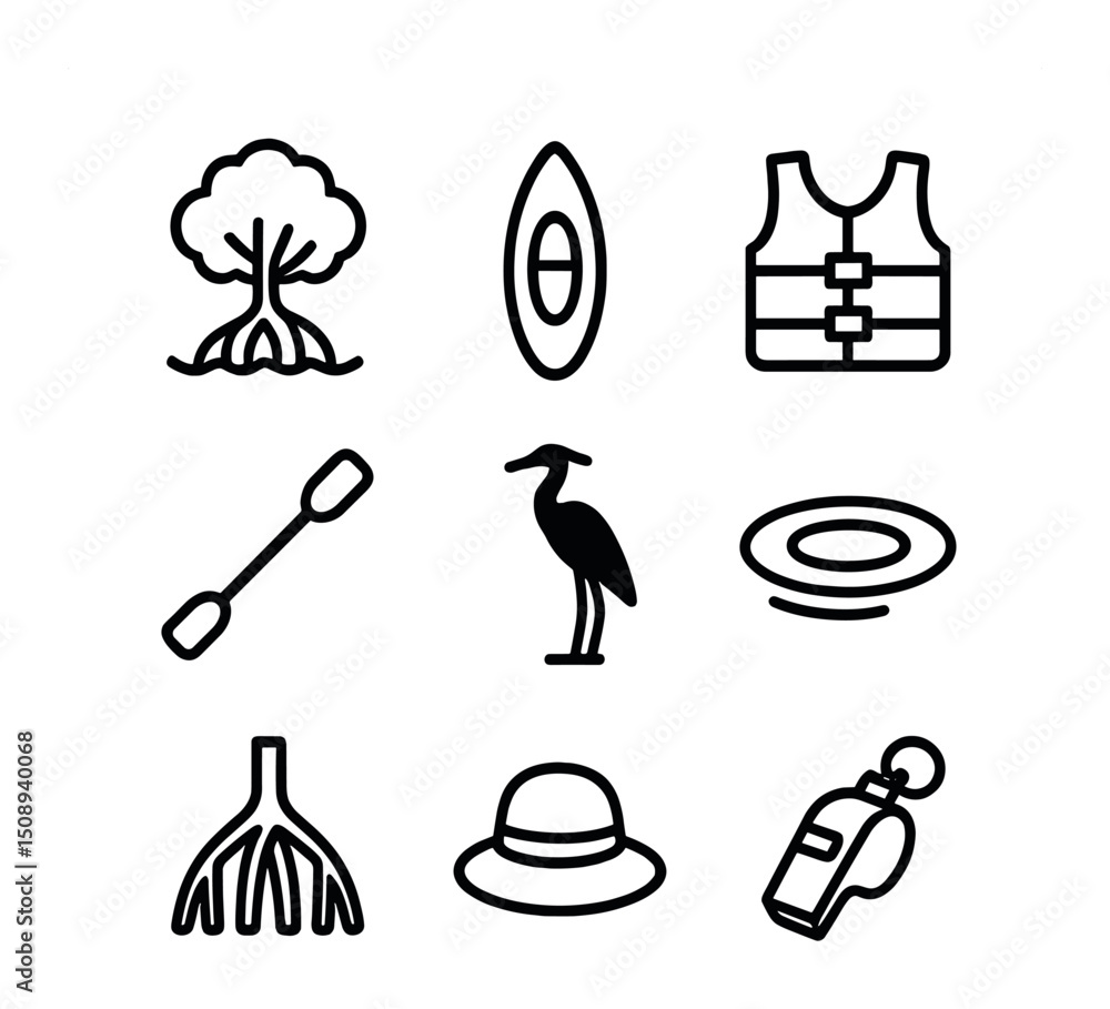 Fototapeta premium Mangrove Tour Icons. Outline icon set of mangrove eco-boat tours: mangrove tree, kayak, life jacket, paddle, egret silhouette,