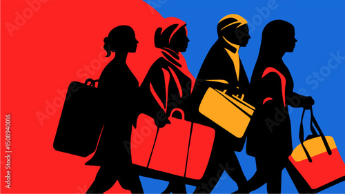 Colorful Silhouette Illustration of Four Travelers with Luggage in Profile