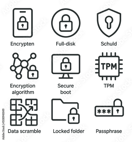 Device Encryption Icons. Outline icon set of device encryption: encrypted smartphone, full-disk lock, shield with keyhole,