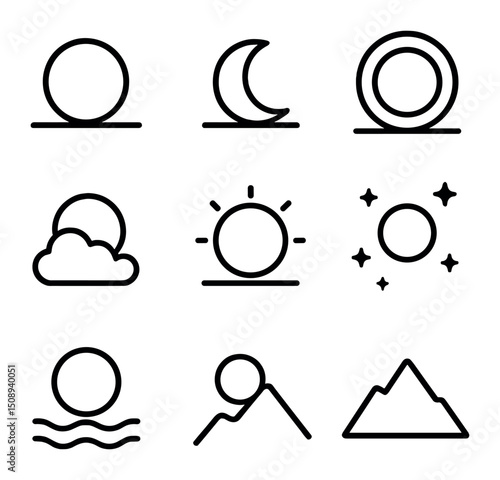 Lunar Glow Icons. Outline icon set of lunar glow scenes: full moon, crescent moon, moon halo, night sky, cloud silhouette, subtle