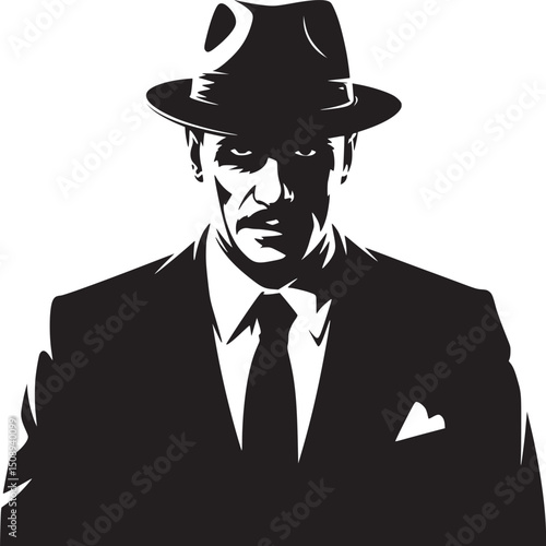 Black and white illustration of a man in a suit and hat with a stern expression on his face
