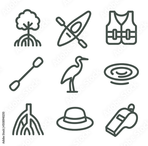 Mangrove Tour Icons. Outline icon set of mangrove eco-boat tours: mangrove tree, kayak, life jacket, paddle, egret silhouette,