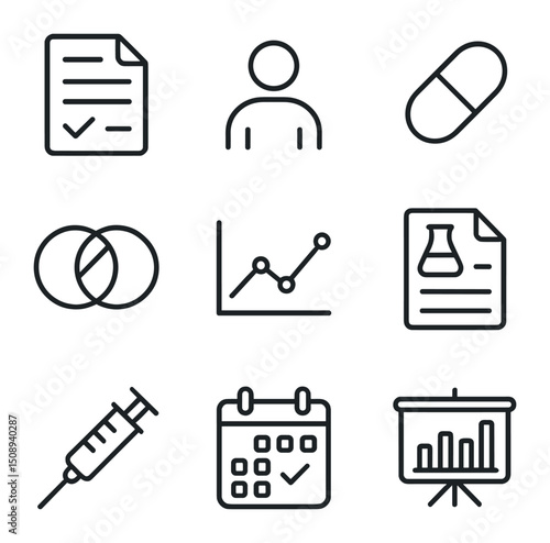 Clinical Trial Icons. Outline icon set of clinical trial process: consent form, trial participant,
