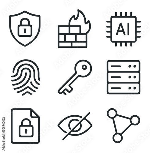 Data Security Icons. Outline icon set of data security AI: shield with lock, firewall, AI chip, fingerprint, key, server rack,