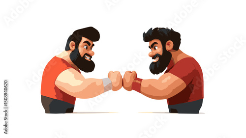 Cartoonish arm wrestling match between two muscular bearded men in red shirts