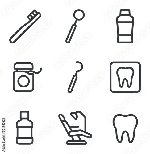 Dental Checkup Icons. Outline icon set of dental checkup items: toothbrush, dental mirror, toothpaste tube, floss, dental probe, X