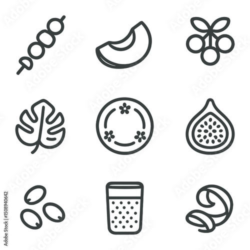 Colorful Dessert Icons. Outline icon set of healthy fruit dish presentation: fruit fork, bowl of