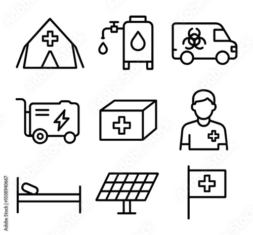 Disaster Relief Icon Set. Outline icon set of disaster relief medical camp: tent clinic, water purification unit, mobile lab,