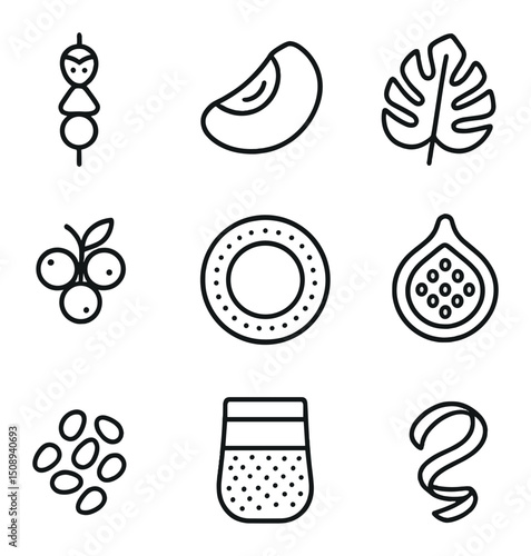 Colorful Dessert Icons. Outline icon set of colorful dessert styling: fruit skewer, sliced peach,