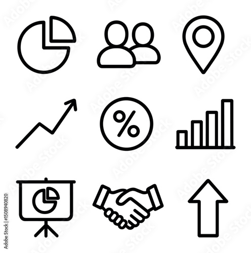 Market Growth Icons. Outline icon set of market share growth: pie chart segment, competitor silhouettes, map marker, market trend