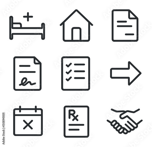 Discharge Summary Icons. Outline icon set of discharge summary chart: hospital bed, home icon, summary document, signatures,