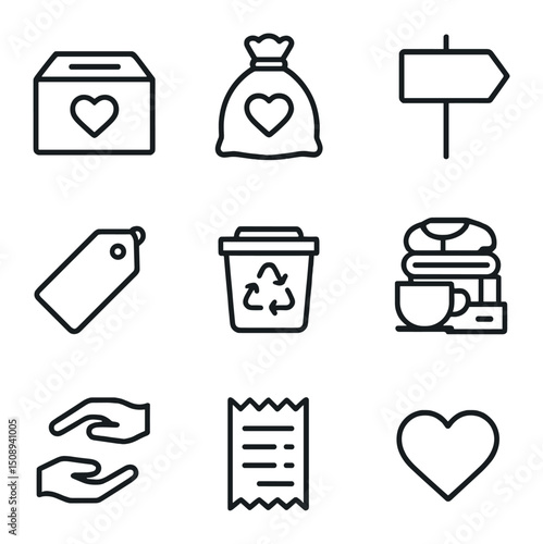 Donation Icon Set. Outline icon set of donation and decluttering: donation box, charity bag, garage sale sign, price tag, recycle