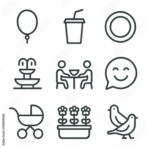 Community Park Icons. Outline icon set of community park gatherings: balloon, disposable cup, paper