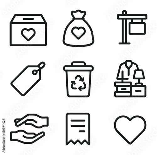 Donation Icon Set. Outline icon set of donation and decluttering: donation box, charity bag, garage sale sign, price tag, recycle