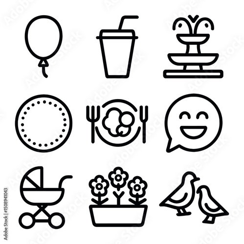 Community Park Icons. Outline icon set of community park gatherings: balloon, disposable cup, paper