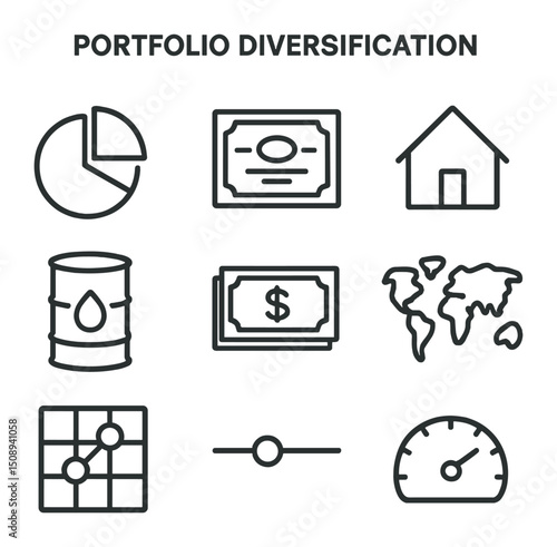 Diversification Icon Set. Outline icon set of portfolio diversification: pie chart, bond certificate, real estate icon, commodity
