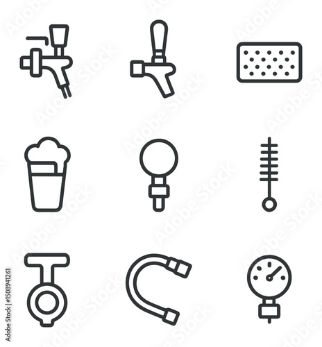 Draft Beer Icons. Outline icon set of draft beer serving techniques: keg tap, faucet handle, drip tray, foam head, nitrogen widget