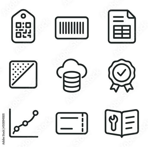 Material Passport Icons. Outline icon set of material passport systems: QR code tag, barcode stripe, data sheet document, material
