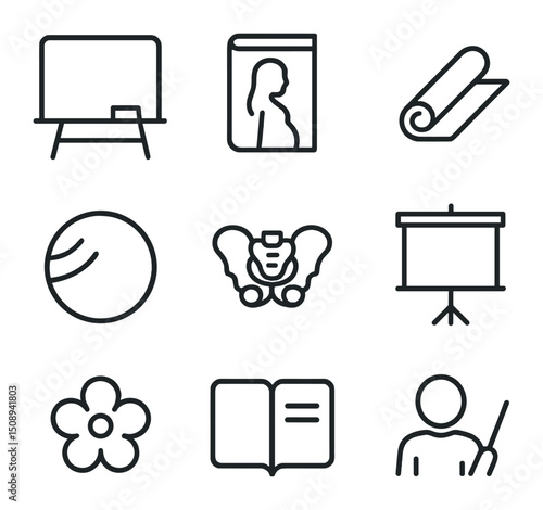 Maternal Education Icons. Outline icon set of maternal education and classes: classroom chalkboard, pregnancy book, yoga mat,