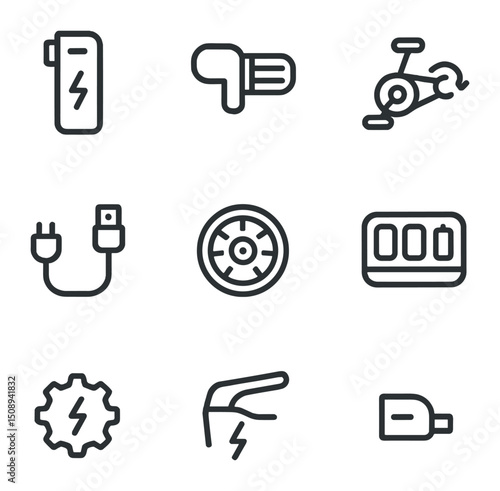 E-Bike Technology Icons. Outline icon set of e-bike technology features: battery pack, throttle control, pedal assist icon,