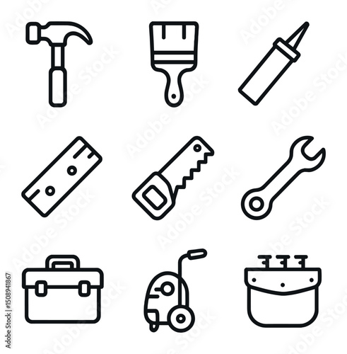 Dock Maintenance Icons. Outline icon set of dock maintenance tools: hammer, paint brush, sealant tube, replacement plank, saw,