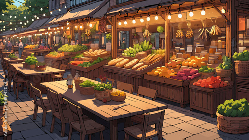 Evening market scene with fresh produce and tables