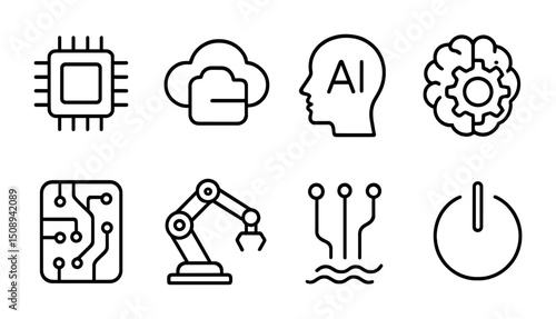 Futuristic technology icons including ai, robotics, and cloud computing elements