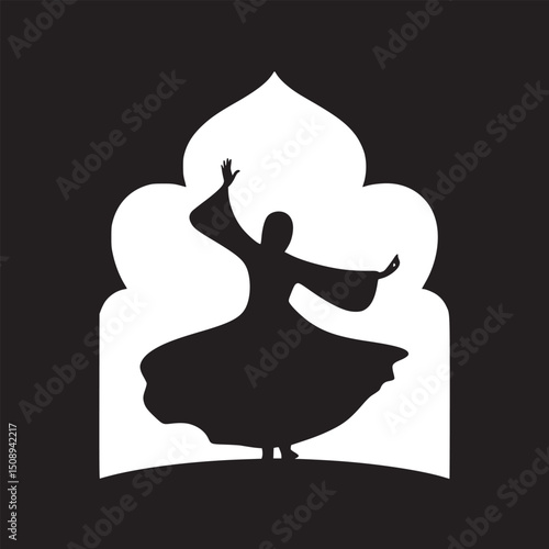 Silhouette of a whirling dervish dancer in front of a decorative archway in black and white design