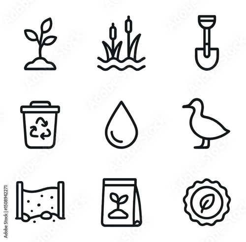 Eco Restoration Icons. Outline icon set of environmental restoration efforts: tree sapling, wetland marsh, cleanup shovel,